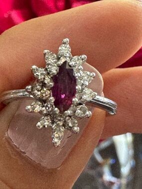 14K White Gold Natural Ruby & Diamond Ring Marquise Ruby Vintage Style Size 6